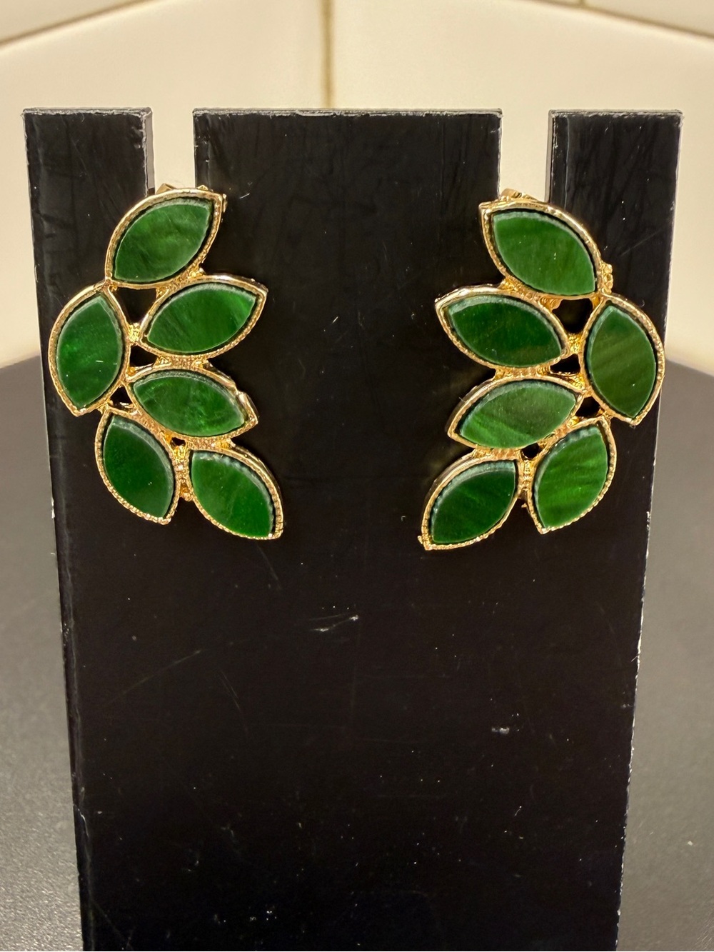 Green Leaf Cluster Earrings - Gold Accent